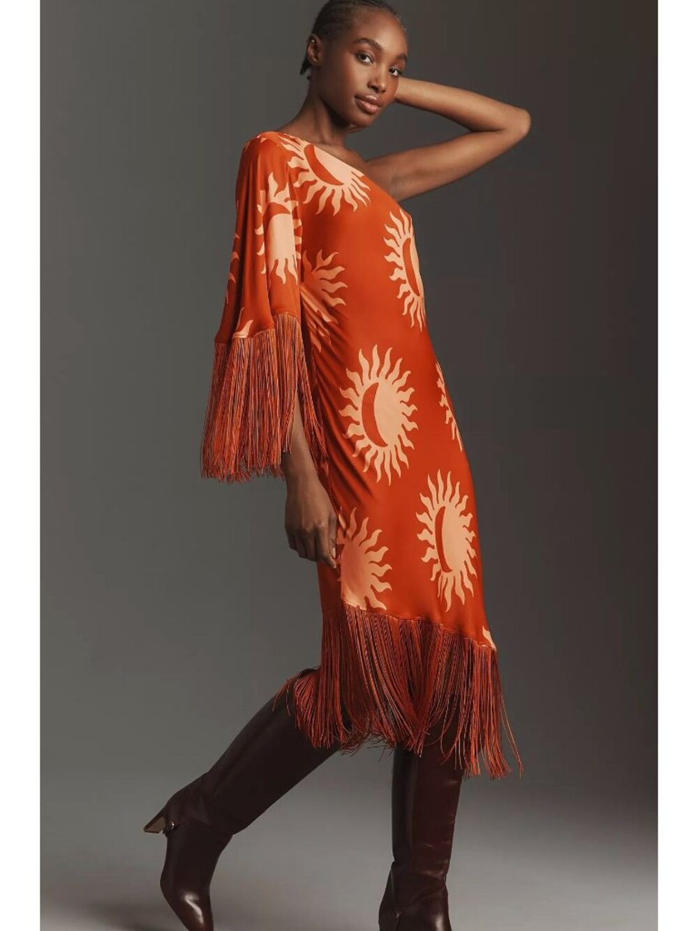 Farm Rio x Anthropologie One-Shoulder Fringe Dress Sun Crescent Moon Orange XS